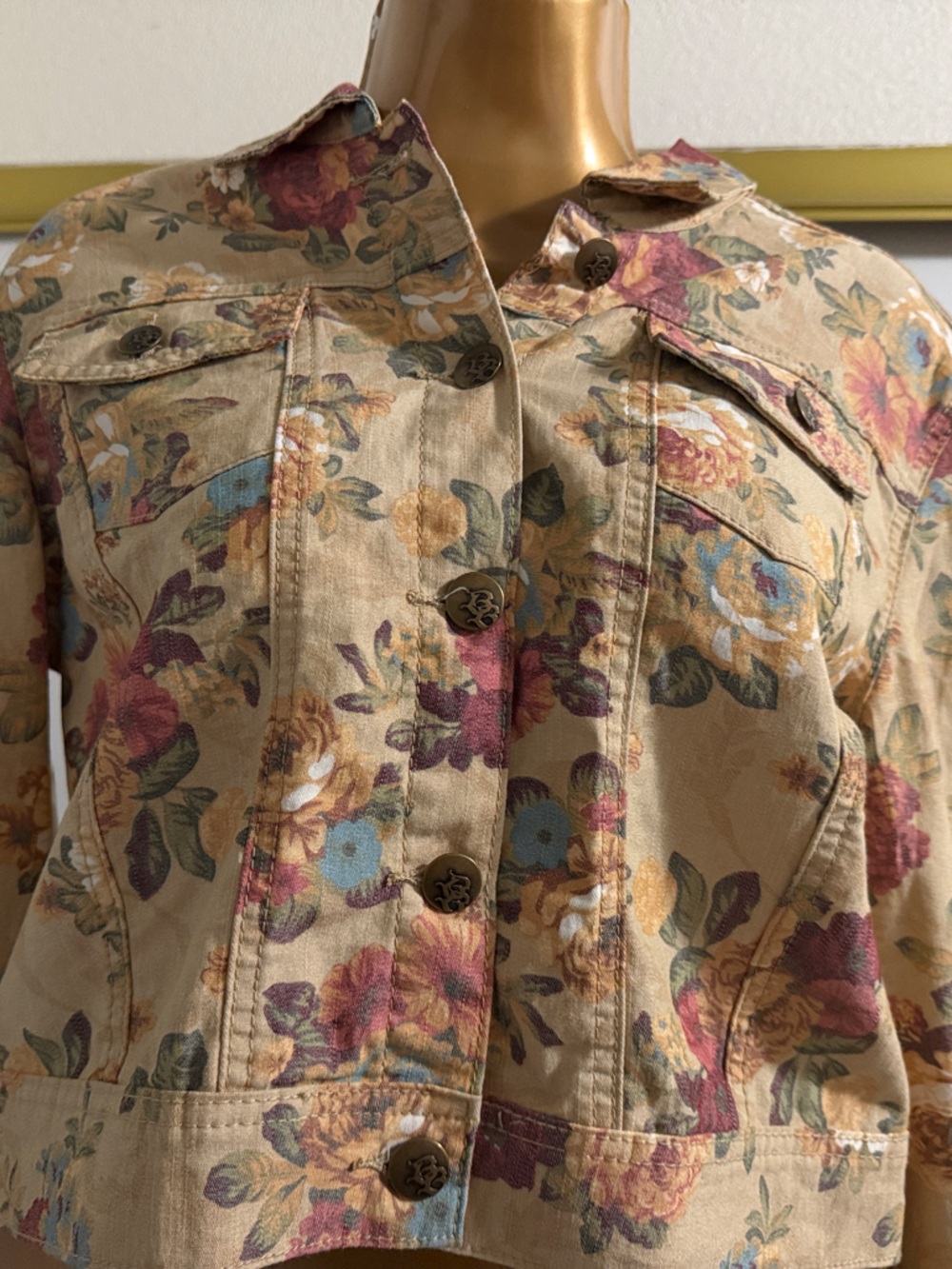 Boom Boom Jeans Floral Print Tan and Multicolor Jean Jacket